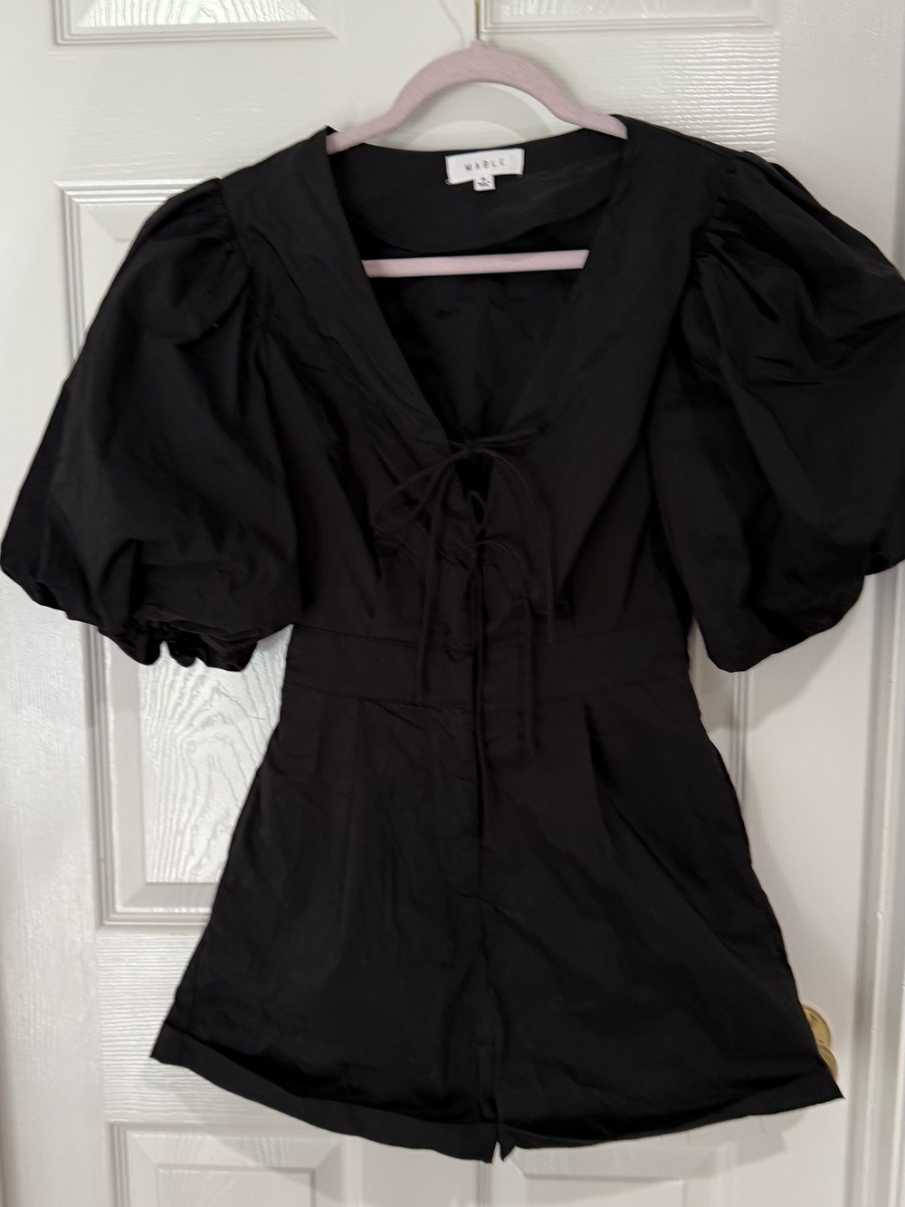 MARBLE Black Puff Sleeve Romper with Tie Front